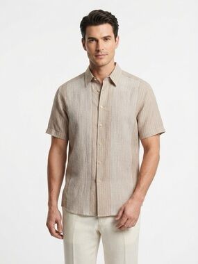 Zanella Short Sleeve Button Down Shirt Vertical Stripe Textured Panel Beige XL